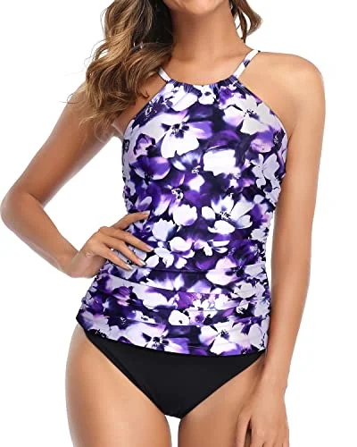 eco-friendly swimwear suit-Elegant High Neck Ruched Tankini Swimsuit For Women-Blue Floral