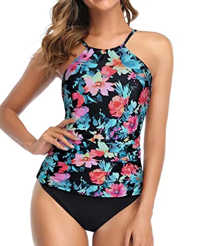 padded one-piece swimwear-Charming Adjustable Neckline Two Piece Tankini Swimsuit-Pink Flower Blue