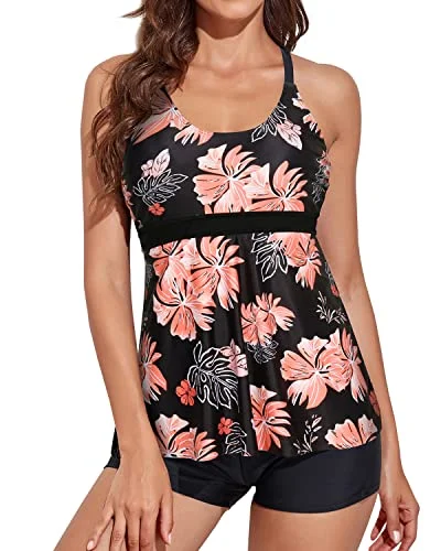 sleek green swimwear-Adjustable Shoulder Straps Tankini Boyshorts Swimsuit-Black And Orange Floral