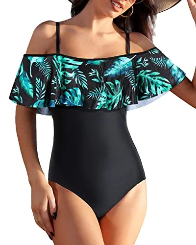 Stylish One Piece Ruffle Skirt Swimsuit Off The Shoulder-Black And Green Leaves