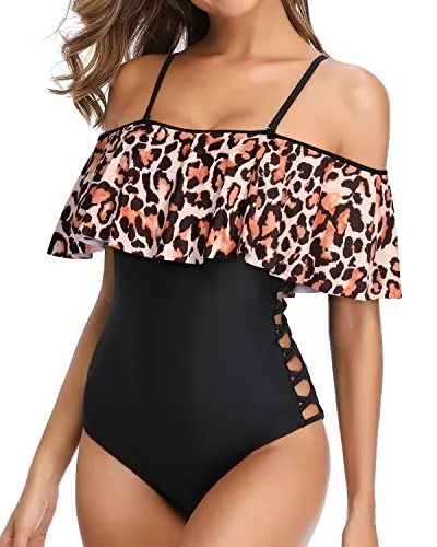 Removable Strappy Flounce One Piece Swimsuits For Women-Black And Leopard