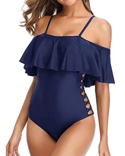 Strapless Flounce One Piece Ruffle Swimsuits For Women-Navy Blue