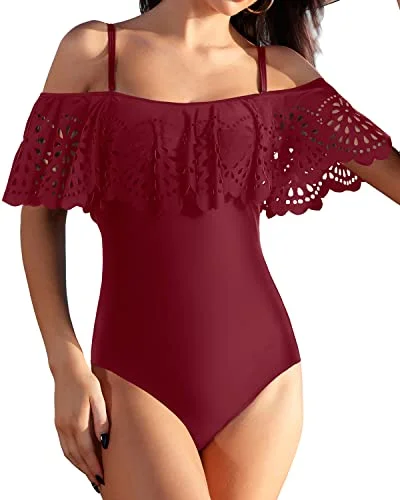 Sexy Flounce Criss Cross Lattice Slimming One Piece Swimsuits-Maroon