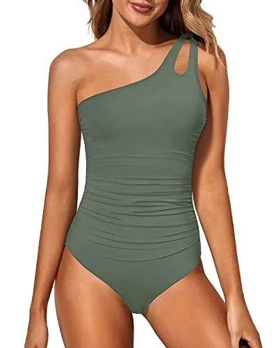 One Shoulder One Piece Swimsuit For Women Full Coverage Keyhole Swimwear-Army Green