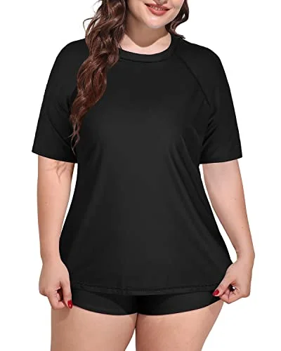 Short Sleeved Plus Size Uv Blocking Rash Guard Swimsuit For Women-Black