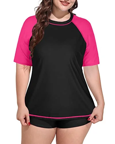 Short Sleeved Plus Size Rash Guard Swim Shirts And Shorts Set-Color