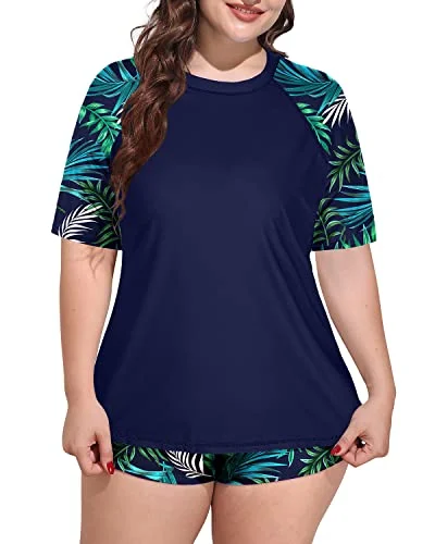 Plus Size Women's Two Piece Rash Guard Short Sleeve Swim Shirts And Shorts-Navy Blue Leaf