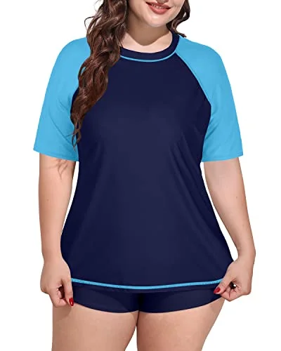 Plus Size Women's Raglan Sleeves Rash Guard Swimsuit-Navy Blue Water Blue