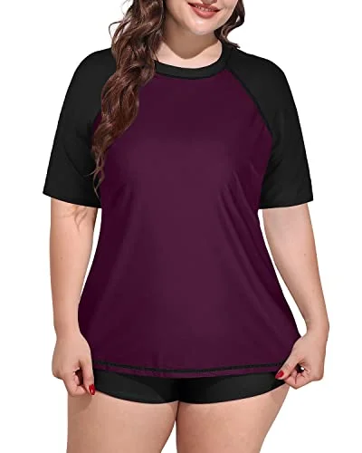 Plus Size Women's Short Sleeve Rash Guard Swimsuit-Purple