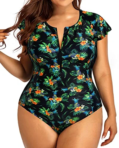 Plus Size Tummy Control One Piece Swimsuit For Women-Black Pineapple