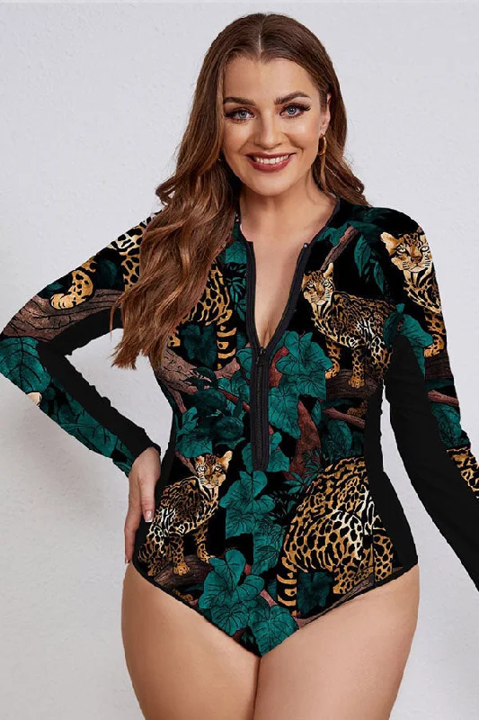 Clearance | Plus Size Nautical long Sleeve Swimsuit Wild Leopard Print UPF50+ Rash Guard