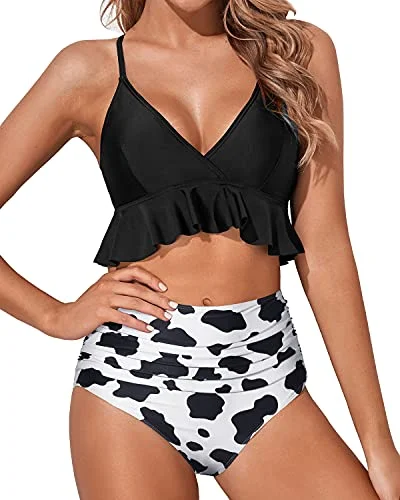 colorful striped swimwear-Adorable Curves Accentuating Bikini Set Deep V Neckline-Black And White Cow Pattern