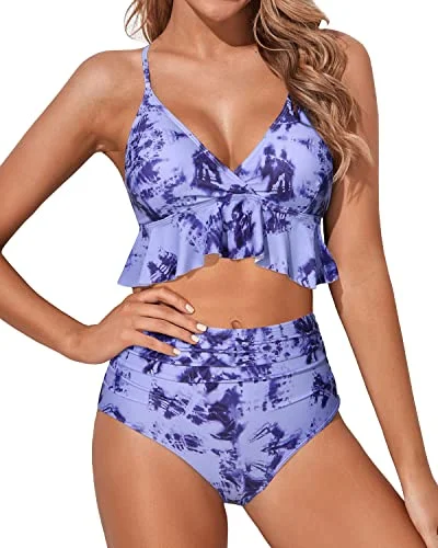 UV-resistant swimwear-Adjustable Straps Flattering Bikini Swimsuits Deep V Neck-Blue Tie Dye