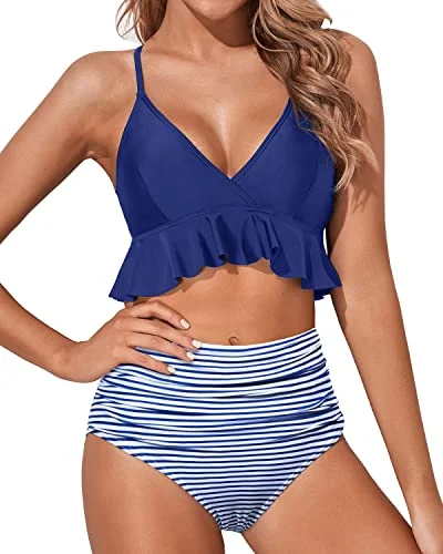 sporty racerback swimwear-Adjustable Criss Cross Ruffle High Waisted Bikini Ruched-Blue White Striped