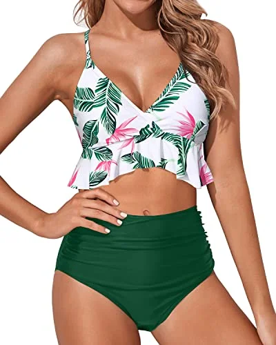 elegant gold swimwear-Adjustable Criss Cross Tummy Control Bikini Set-Green Tropical Floral