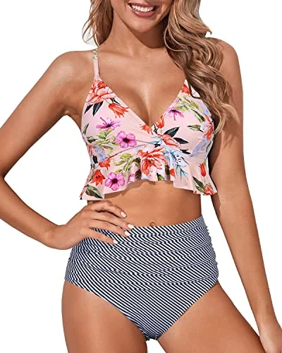 tropical leaf swimwear-Criss Cross Two Piece Tummy Control Bikini For Women-Light Pink Stripe