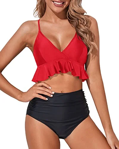 luxury swimwear brand-Adjustable Strap Two Piece Tummy Control Bikini For Women-Neon Red