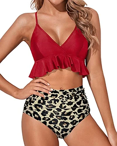 lightweight swimwear set-Comfortable And Stylish Two Piece Bikini Deep V Neck-Red And Leopard