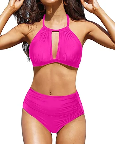 stretch swimwear fabric-Cross-Back Halter High Waisted Bikini For Flirty Look-Neon Pink