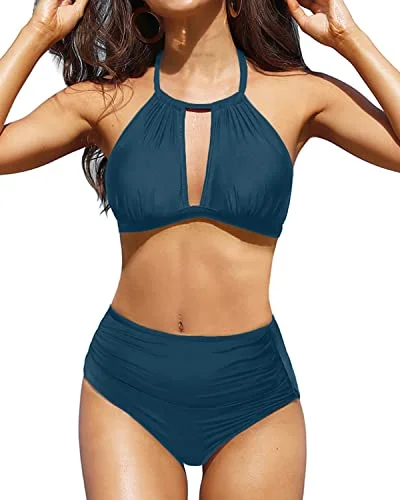 sleek navy swimwear-2 Piece Triangle Halter High Waisted Bikini For Women-Teal