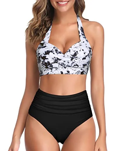 UV-resistant swimwear-Chic Adjustable Self-Tie Halter Neck Two Piece Halter Bikini For Women-Black And White Tie Dye