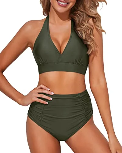 plunging swimwear style-Cute Two-Piece Bikini Double Buckles 2 Piece Bikini Bathing Suits-Army Green