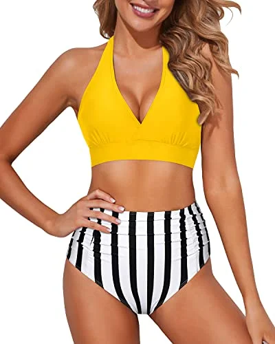 athletic mesh swimwear-Adjustable Halter Top Bikini Set Women's Bikini Swimsuits-Yellow And Stripe