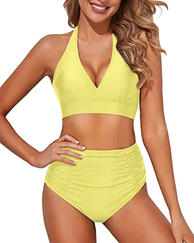 retro polka dot swimwear-Double Buckles Self-Tie Halter Bikini Set For Women-Yellow