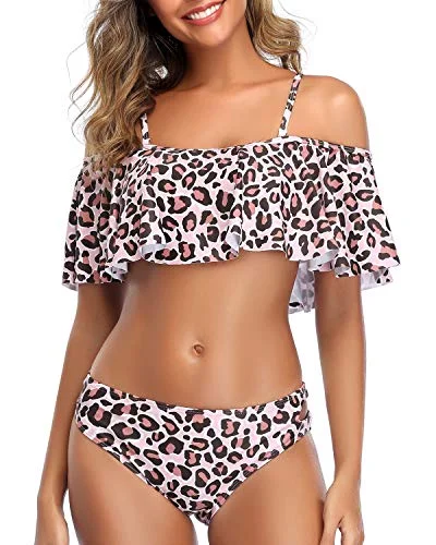 elegant black swimwear-Chic Off The Shoulder Ruffle Bikini Set Low Rise Bottoms-Pink And Leopard