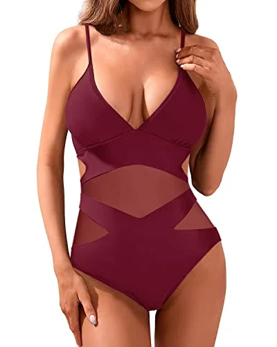 Sexy One Piece Bathing Suits Plunge V Neck Monokini Cutout Swimwear-Red