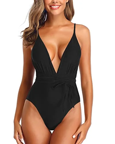 Sexy One Piece Swimsuits Plunge V Neck Snake Skin Bathing Suits-Black