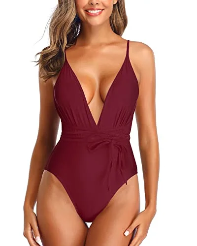 Removable Padded Bras One Piece Swimsuits For Big Busts-Maroon