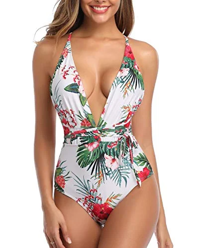 Sexy Plunge V Neck Thong One Piece Swimsuits For Women-White Floral