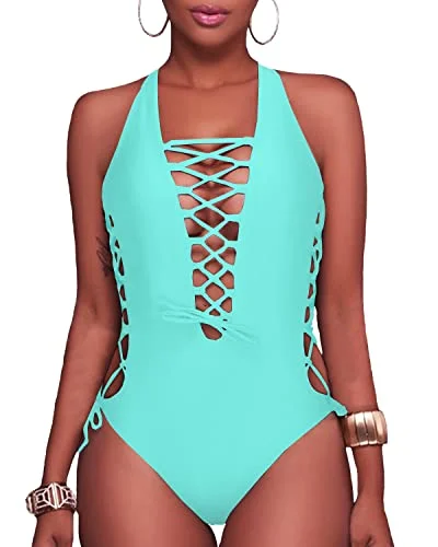 Sexy Strappy Lace Up Monokini Cutout Swimwear-Aqua