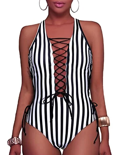 Thong Silhouette Plunge V Neck One Piece Swimsuits-Black And White Stripe