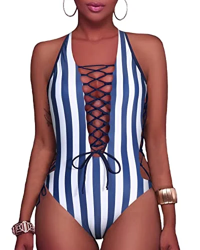 Sexy Lace Up Strappy One Piece Swimsuits-Blue White