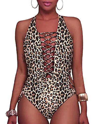 Quirky Thong Lace Up Monokini Strappy Cutout Swimwear-Leopard