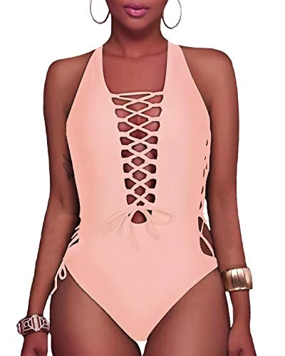 Strappy Cutout Plunge V Neck One Piece Swimsuits-Light Pink