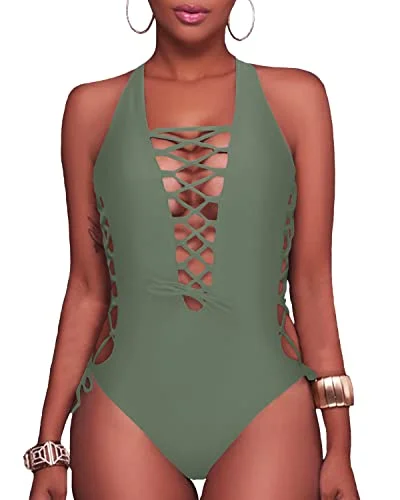 Plunge V Neck Strappy Cutout Swimwear-Olive Green