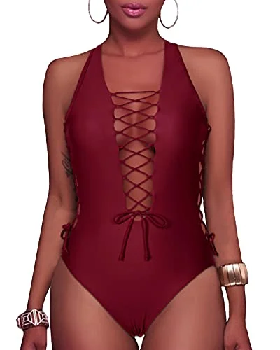 Sexy One Piece Swimsuits Plunge V Neck Bathing Suits Lace Up Monokini-Maroon