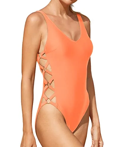 Sexy One Piece Swimsuit Strappy Bathing Suit Criss Cross Lace Up Monokini-Orange