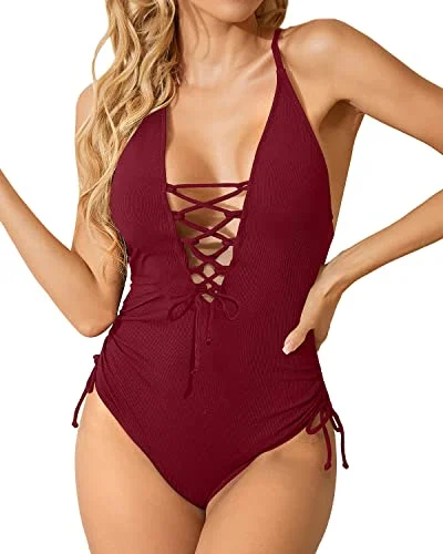 Plunge V Neck Sexy One Piece Swimsuit For Women Tummy Control Bathing Suits-Maroon