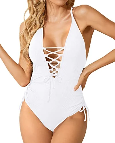 Plunge V Neck Women's Sexy One Piece Swimsuit-White