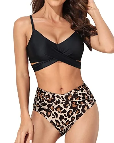 plus-size swimwear set-Adjustable Straps Twist Front Two Piece Bikini Swimsuits-Black And Leopard