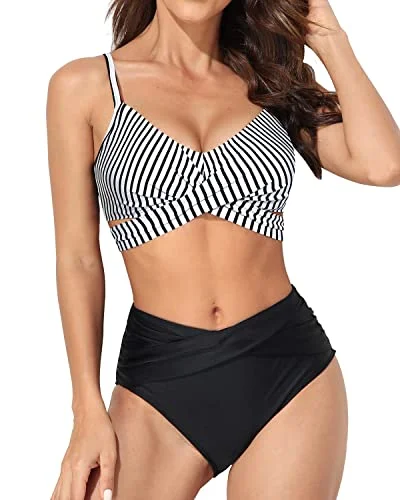 boho crochet swimwear-2 Piece Criss Cross Push Up Wrap Bikini Set High Waisted Bottom -Black And White Stripe