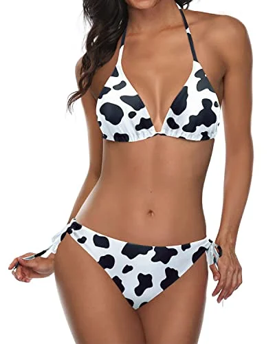 boho crochet swimwear-Double Rise And Scrunch Cheeky Triangle Bikini Bathing Suit-Black And White Cow Pattern