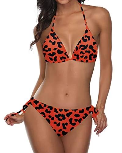 plunging neckline swimwear-Alluring Tie Side Bottom Bikini Sets For Women-Orange And Leopard