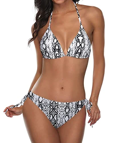 vintage polka swimwear-Adjustable Neck And Back Ties Triangle Bikini Push Up Padding 2 Piece Bikini Sets-Snake Skin