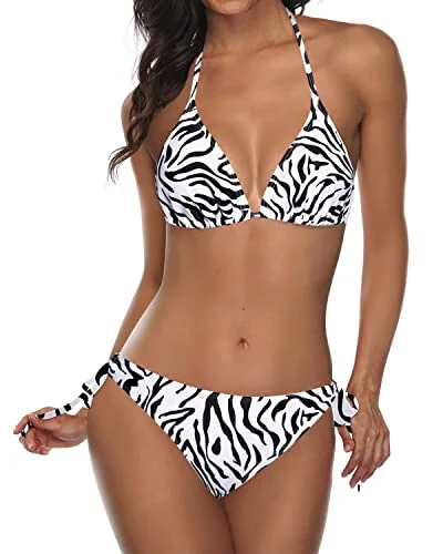 plus-size swimwear suit-Alluring Two Piece Halter Top Removable Push Up Pads Triangle Bikini-Zebra Pattern