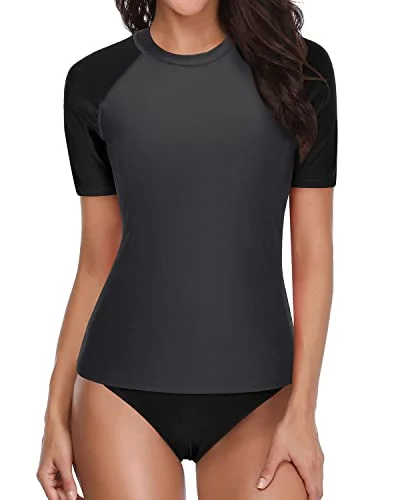 Short Sleeve Women's Two Piece Swimsuits Upf 50+ Spf Rash Guard Sets-Grey And Black